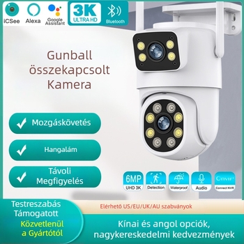 Duál-lencsés PTZ WiFi megfigyelő kamera beltéri és kültéri használatra – nagy felbontású, 0.001 lx minimális megvilágítás, SNR >44 dB, 12V tápegység, háttérfény-kompenzáció, riasztási funkció