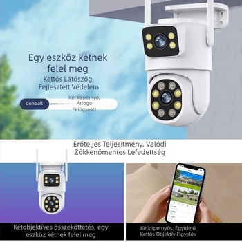 Duál-lencsés PTZ WiFi megfigyelő kamera beltéri és kültéri használatra – nagy felbontású, 0.001 lx minimális megvilágítás, SNR >44 dB, 12V tápegység, háttérfény-kompenzáció, riasztási funkció