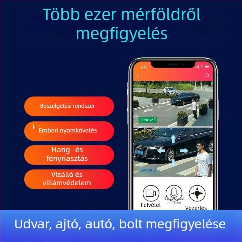 WiFi kétkamerás kültéri kamera, -20–55°C működési tartomány, 5V tápegység, riasztási funkció, háttérvilágítás-kompenzáció, ABS ház