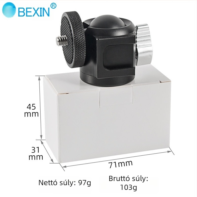BEXIN mini hideg cipő gimbal alumíniumötvözetből készült, DSLR kamerák és kiegészítők számára, 360° vízszintes/függőleges forgás, tömeg 0,098 kg
