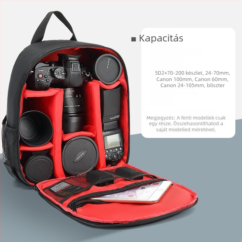 SLR kamera táska - Poliészter, vízálló, kopásálló, Modell 6080, Cipzáras nyitás
