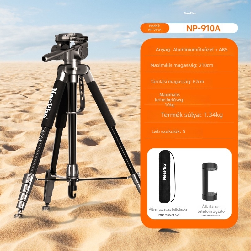 NP-910A Kameraállvány 3D-Gimbal fejjel, Alumíniumötvözet, 5 Szakasz, Teherbírás 11–15 kg