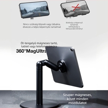 Felső nézethez készült tartó - forgó, emelő és teleszkópos kar mobiltelefonok és tabletek számára, fém, MagSafe tartó, rezgéscsillapító