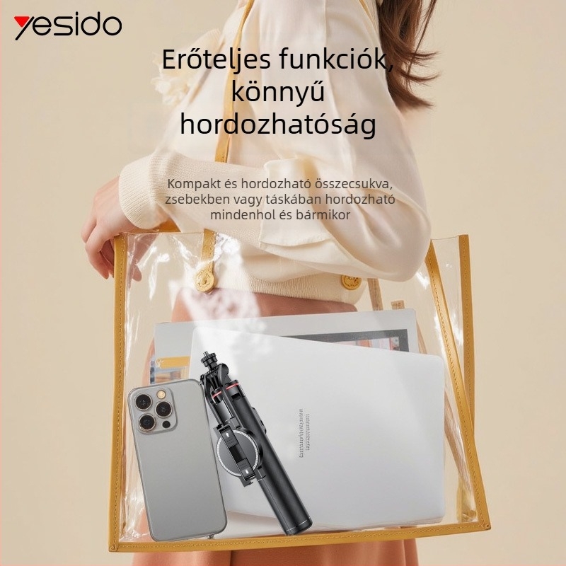 Yesido mágneses telefonos selfie stick alumínium ötvözet tripoddal, Bluetooth távirányító, képstabilizálás, anyag: ABS + alumínium ötvözet + N52 mágnes