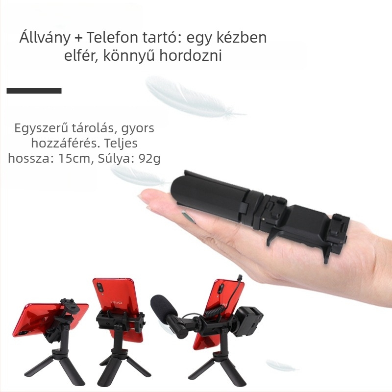 Asztali telefon tripod, kompakt hordozható klipsz-tri pod élő közvetítéshez és fényképezéshez, univerzális telefon-kompatibilitás, műanyag kivitel