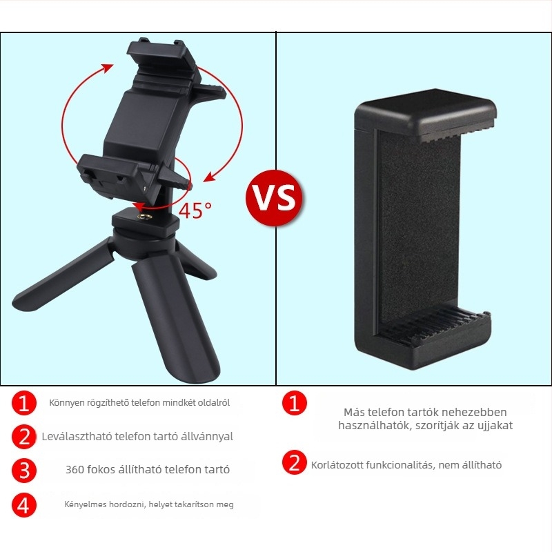 Asztali telefon tripod, kompakt hordozható klipsz-tri pod élő közvetítéshez és fényképezéshez, univerzális telefon-kompatibilitás, műanyag kivitel
