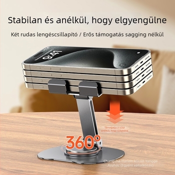 360°-os forgatású asztali telefontartó, teljesen fém, összecsukható, stabil felvételhez