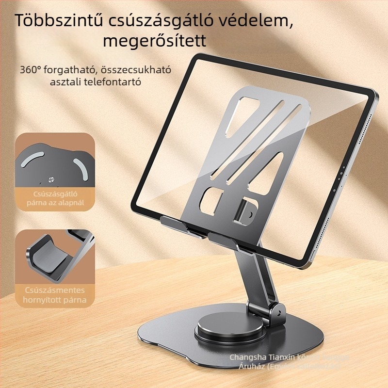 360°-os forgatású asztali telefontartó, teljesen fém, összecsukható, stabil felvételhez