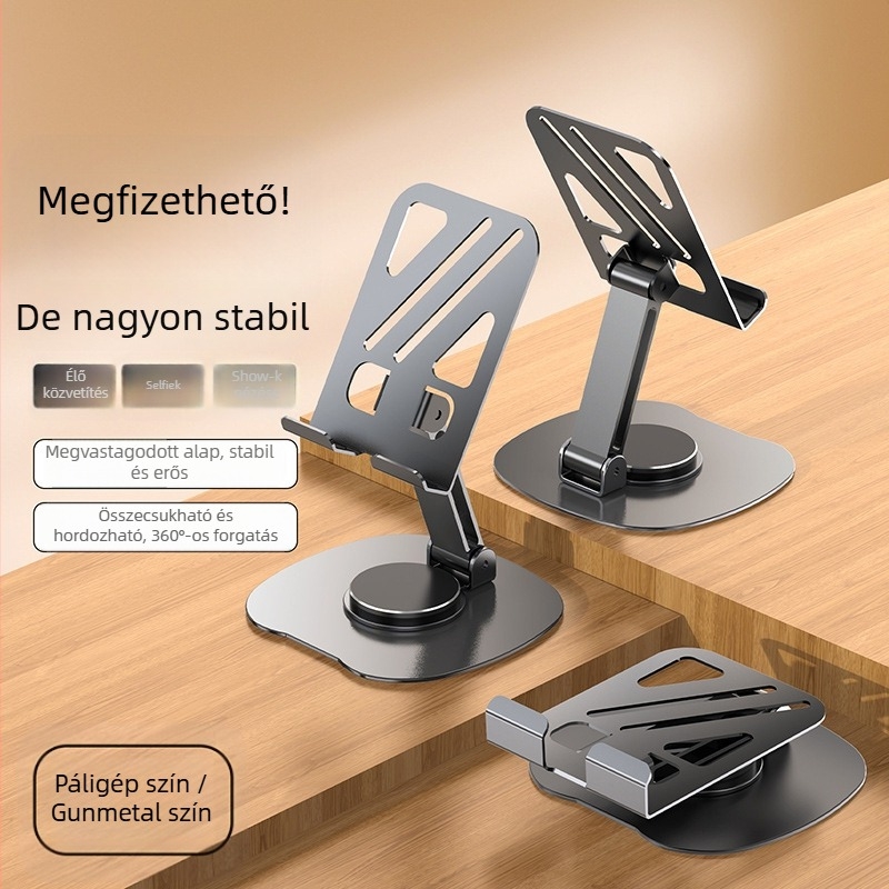360°-os forgatású asztali telefontartó, teljesen fém, összecsukható, stabil felvételhez