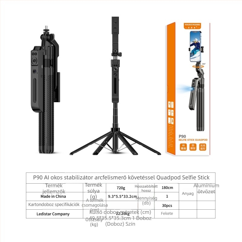 P90 AI arckövető selfie gimbal állvány Bluetooth távirányítóval, ABS+alumínium ötvözet
