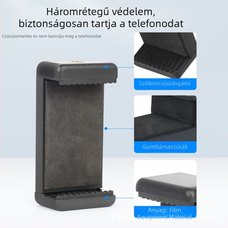 Univerzális mobiltartó klip pan/tilt adapterrel állványhoz, műanyagból készült, tartalmaz külön klipet