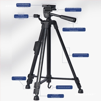 Kamera tripod kültéri Bluetooth telefonos élő közvetítéshez, teleszkópos, 4 tagú, fém, gyorskioldó, tömeg 600 g, teher 2 kg alatt