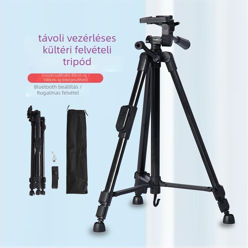 Kamera tripod kültéri Bluetooth telefonos élő közvetítéshez, teleszkópos, 4 tagú, fém, gyorskioldó, tömeg 600 g, teher 2 kg alatt