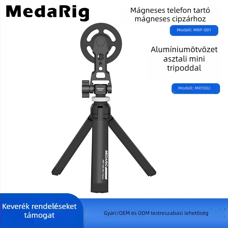 Medarig Asztali mini állvány alumínium ötvözetből mágneses telefon tartóval, Modell MRT002 + MRP001, Teherbírás 0-3 kg