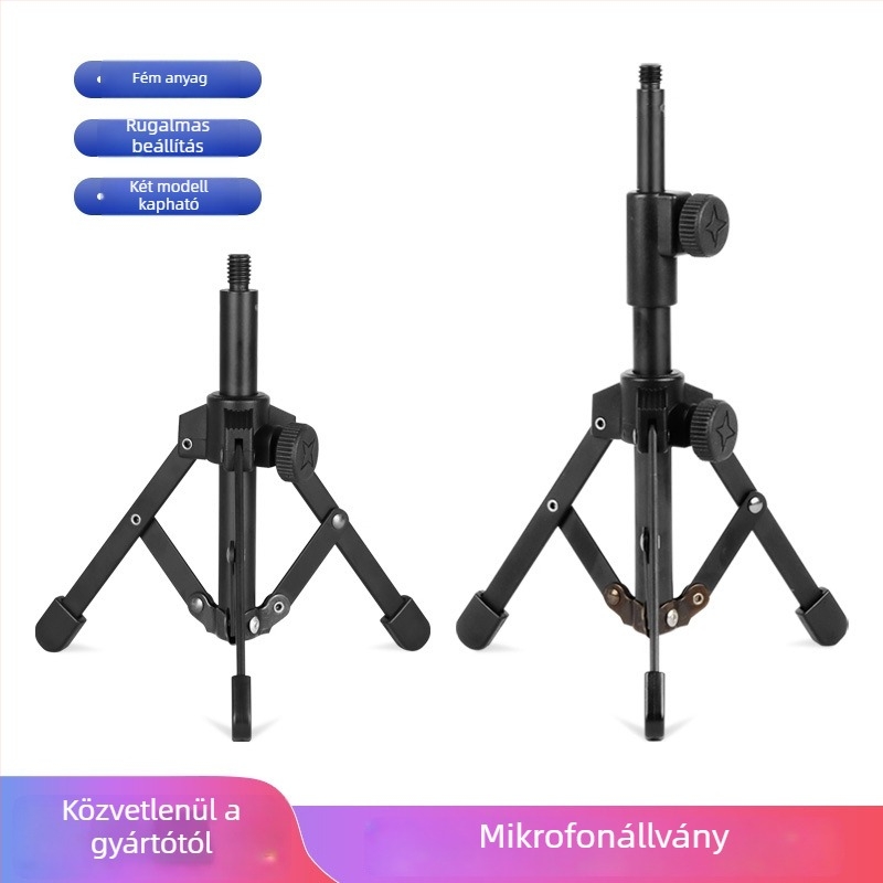 Fém asztali tripod mobil felvételhez és élő közvetítéshez, összecsukható teleszkópos mikrofonállvánnyal