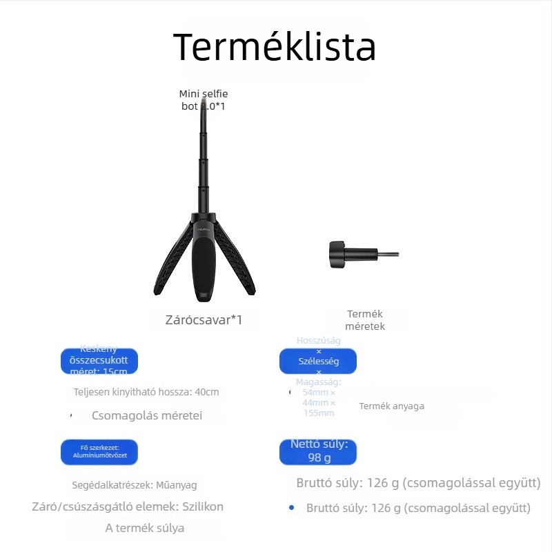 TELESIN Mini Selfie Stick 2.0 univerzális, alumínium és műanyag, állvány