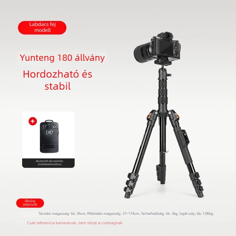 Yunteng 180 állvány gömbfejjel, alumíniumötvözet, 4 rész, teherbírás 3 kg, kompatibil Sony ZV-1 és ZV-E10