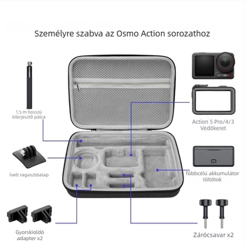 DJI Action 5 Pro/4/3 Tároló Táska — EVA+vászon/PU anyag; kompatibilis modellek: Action 5 Pro/4/3; termékkód Xjb-033; tömeg 360–430 g; csomag tartalma: tároló táska és vállpánt