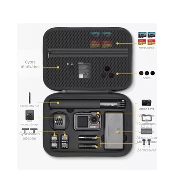 DJI Action 5 Pro/4/3 Tároló Táska — EVA+vászon/PU anyag; kompatibilis modellek: Action 5 Pro/4/3; termékkód Xjb-033; tömeg 360–430 g; csomag tartalma: tároló táska és vállpánt