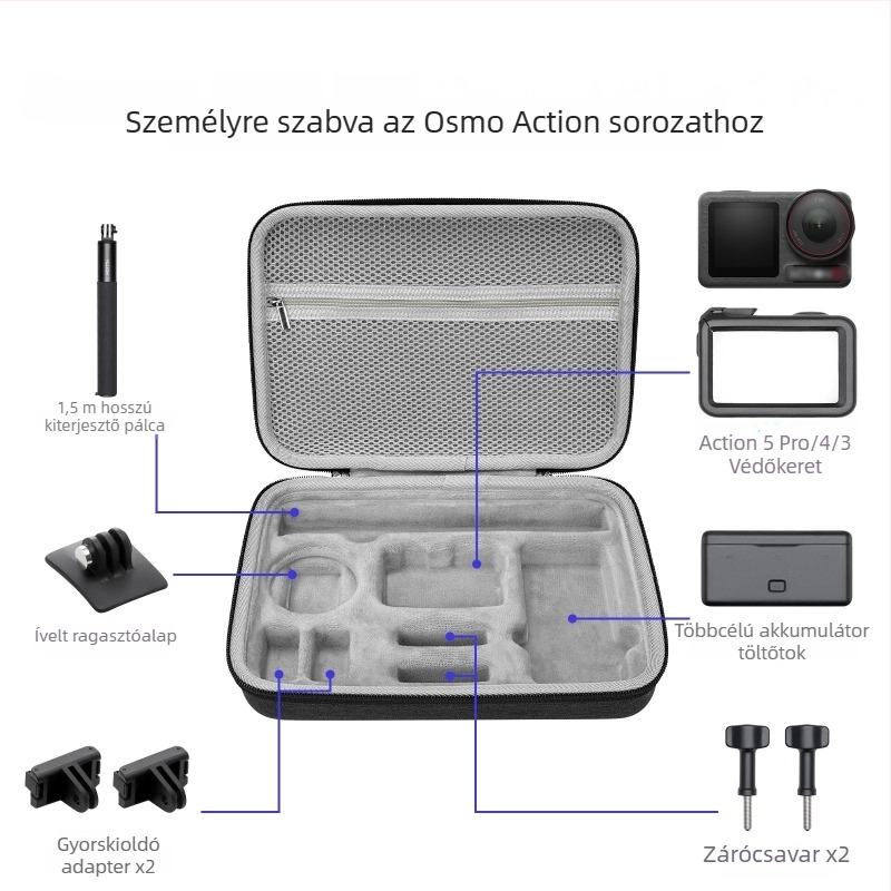 DJI Action 5 Pro/4/3 Tároló Táska — EVA+vászon/PU anyag; kompatibilis modellek: Action 5 Pro/4/3; termékkód Xjb-033; tömeg 360–430 g; csomag tartalma: tároló táska és vállpánt