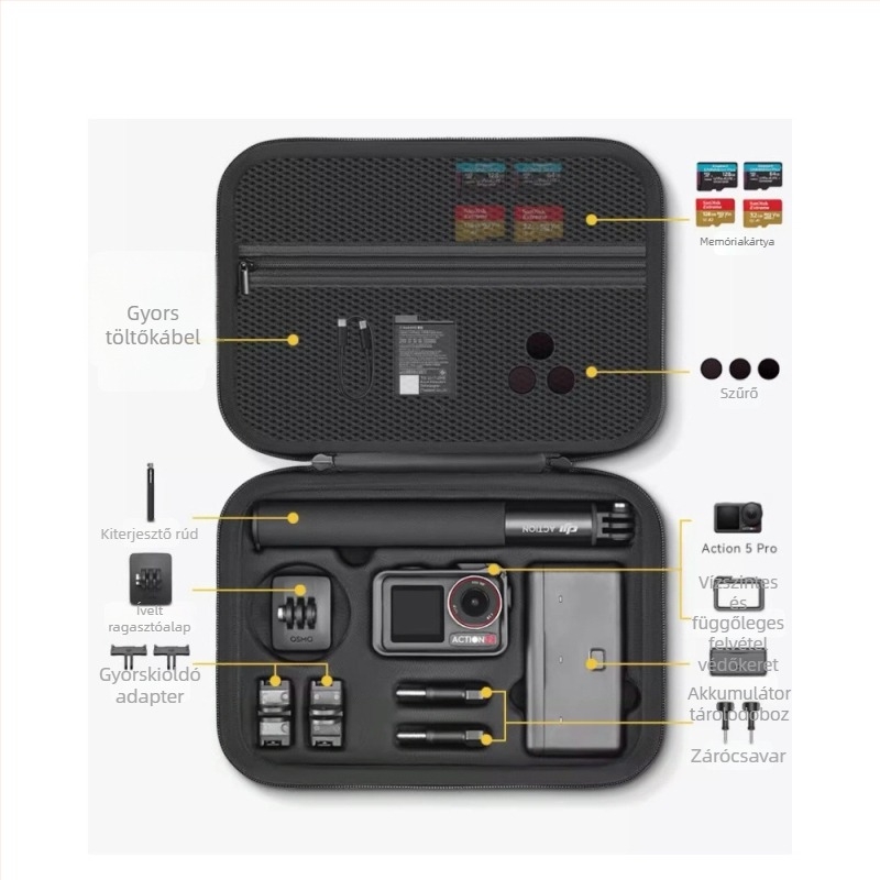 DJI Action 5 Pro/4/3 Tároló Táska — EVA+vászon/PU anyag; kompatibilis modellek: Action 5 Pro/4/3; termékkód Xjb-033; tömeg 360–430 g; csomag tartalma: tároló táska és vállpánt