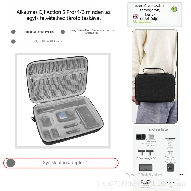DJI Action 5 Pro/4/3 Tároló Táska — EVA+vászon/PU anyag; kompatibilis modellek: Action 5 Pro/4/3; termékkód Xjb-033; tömeg 360–430 g; csomag tartalma: tároló táska és vállpánt