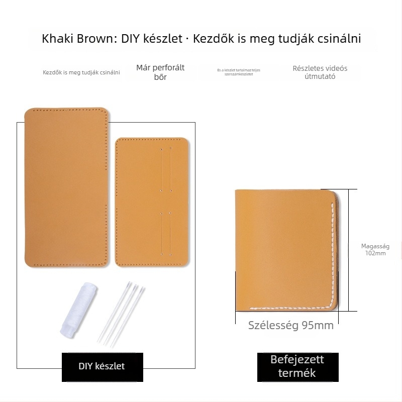 DIY bőr pénztárca készlet – valódi marhabőr, kétszintű, 1 hajtás, bélés nélkül, egyszínű, városi minimalizmus