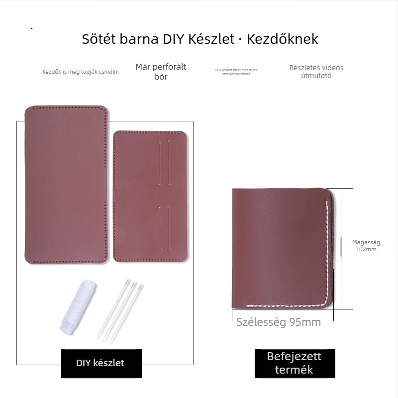 DIY bőr pénztárca készlet – valódi marhabőr, kétszintű, 1 hajtás, bélés nélkül, egyszínű, városi minimalizmus