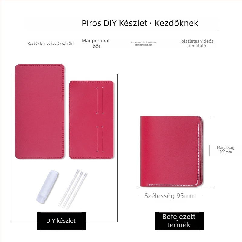 DIY bőr pénztárca készlet – valódi marhabőr, kétszintű, 1 hajtás, bélés nélkül, egyszínű, városi minimalizmus