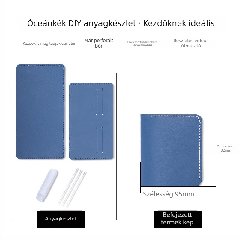 DIY bőr pénztárca készlet – valódi marhabőr, kétszintű, 1 hajtás, bélés nélkül, egyszínű, városi minimalizmus