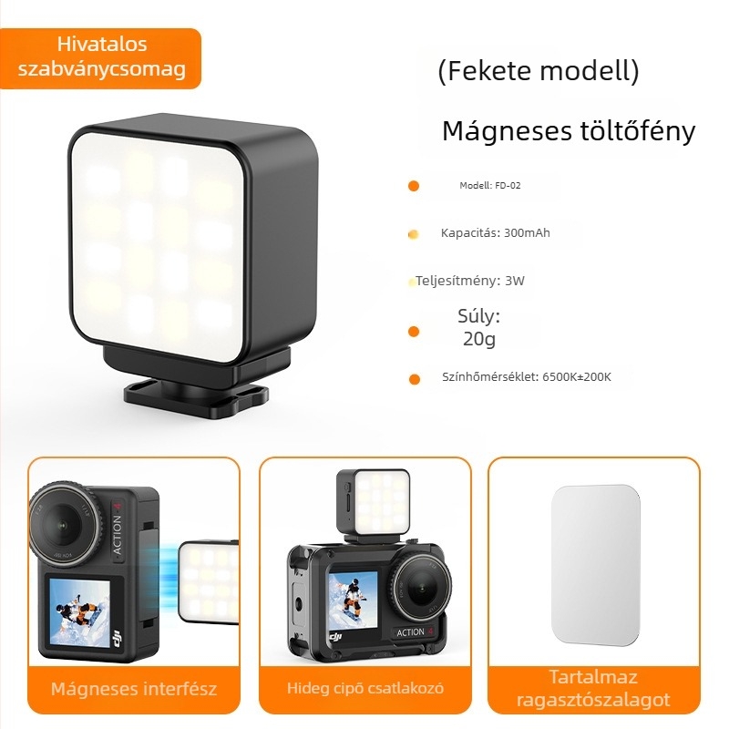 VRIG FD-02/01 Mágneses töltőfény DJI Action5-höz – Anyag: műanyag, PCB-verzió, mágnes; Kompatibilis az Action5-tel