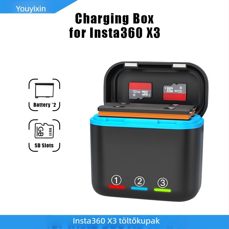 Youyixin Insta360 X3 töltő- és tárolódoboz – Shadow Stone Insta360 X3-kompatibilis; Modell: 360 X3 Charging Bin; Logó: Igen
