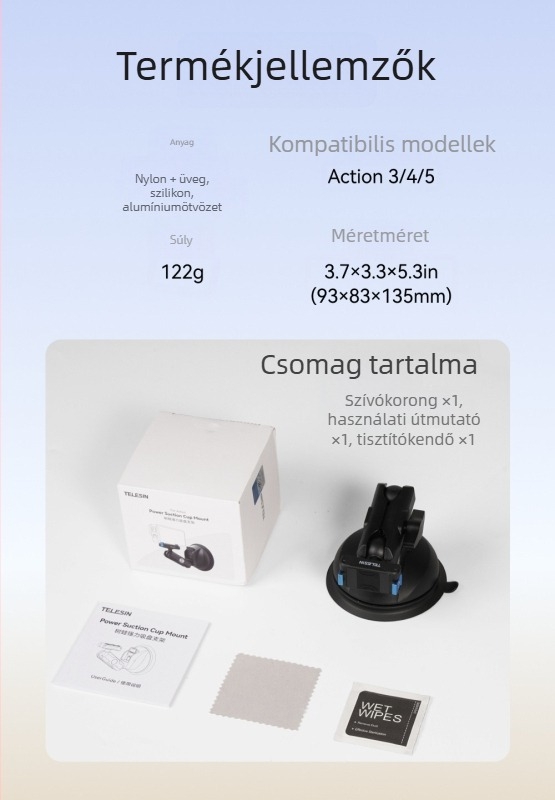 Telesin műanyag vákuumos tartó a DJI Action 5 Pro/4 és Osmo 360-hoz – kompatibil Action 5 Pro/4 és Osmo 360, autóüveghez rögzíthető