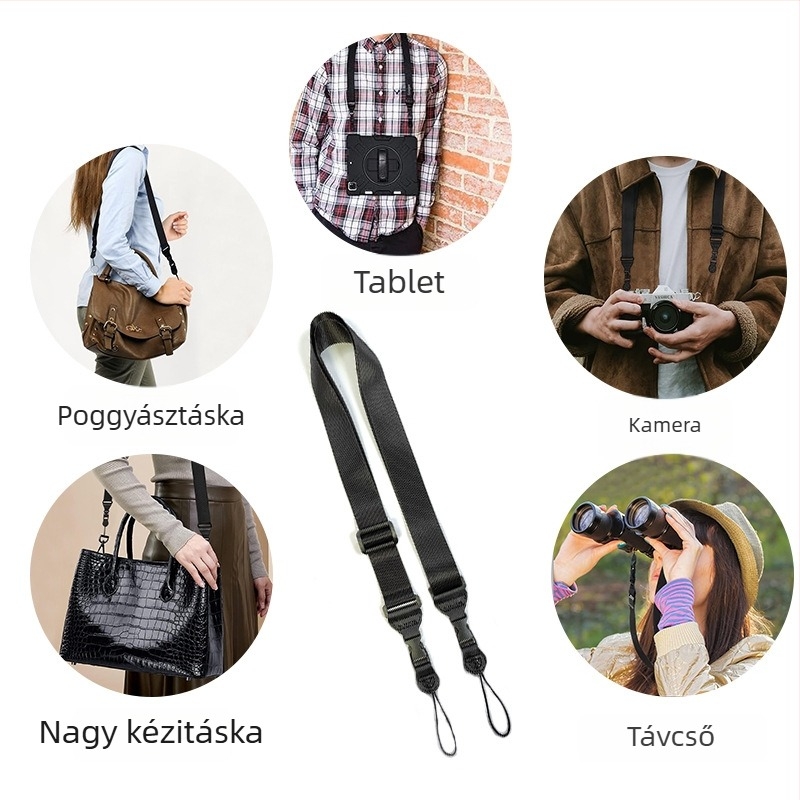 Tabletekhez, kamerákhoz és teleszkópokhoz univerzális vállpánt; nejlon és szuper rost összetétel; kompatibilis tablettával, teleszkóppal és kamerával; tartalmaz vállpántot és tároló tasakot