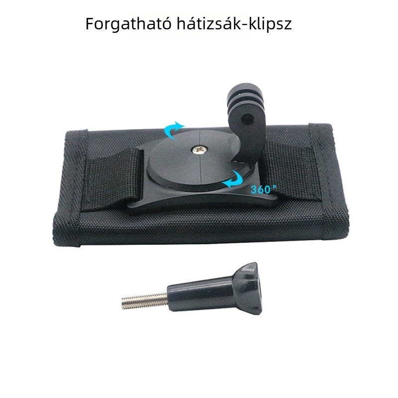 GOBRO univerzális forgó hátizsák-klip akciókamerákhoz; kompatibil GoPro, Insta360, DJI Osmo Action, Xiaomi Yi; anyag: nylon szíj; csavarok a csomagban.