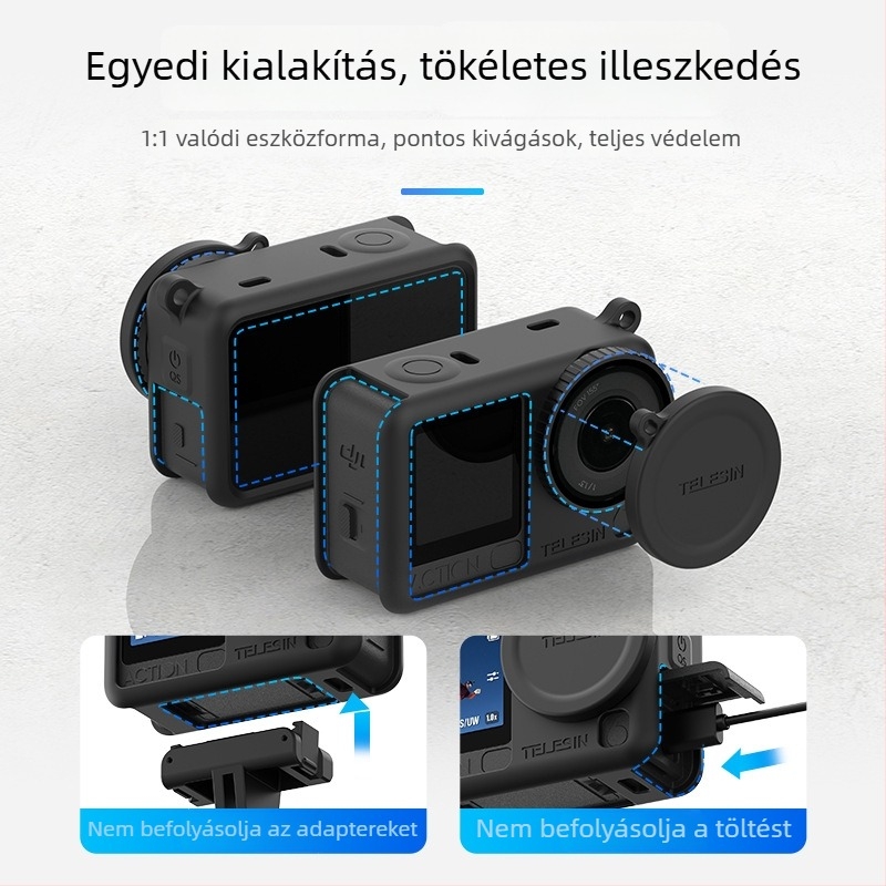 Telesin Szilikon védőtok DJI Osmo Action 6-hoz – Modell S6-ptc-11; Kompatibilis: S6-ptc-11; Anyag: Szilikon; Tartalmaz: szilikon tok és nyakpánt