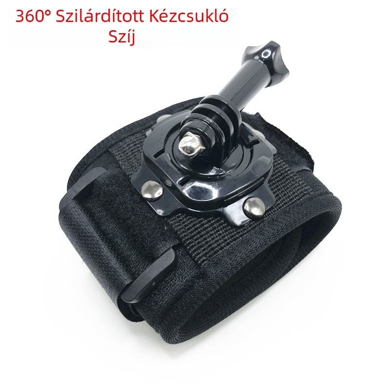 GoPro csuklópánt 360°-os forgatással, szélesebb és vastagabb; Anyag: PC + poliészter; Kompatibil a GoPro Hero sorozattal; Tartalmaz csuklópántot és hosszú csavart