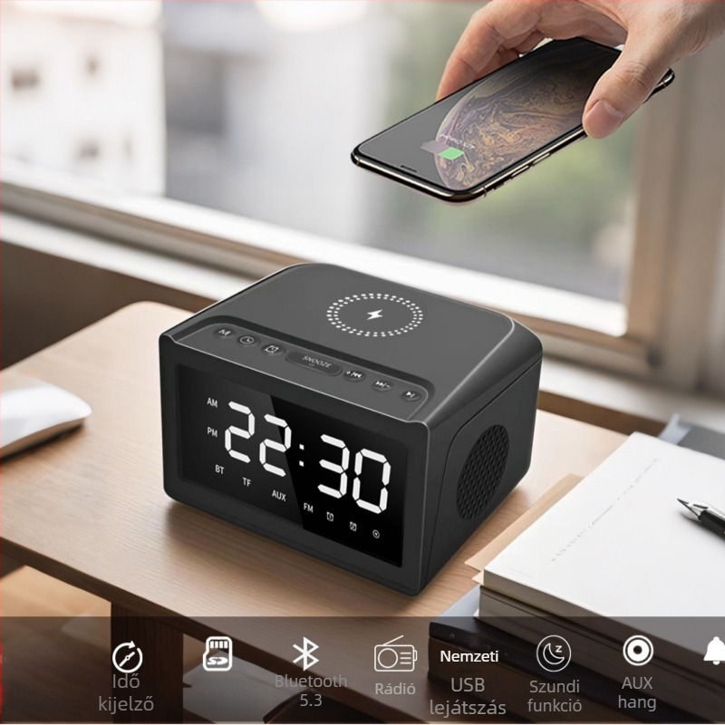 Vezeték nélküli töltő hangszóró óra és rádióval — Bluetooth 5.3, 2 hangszóró, 8 órás lejátszás, USB flash meghajtó 32GB támogatás, frekvenciaválasz 100 Hz–20 kHz