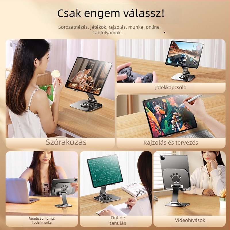 Cat-Paw stílusú tabletatartó, 360° forgó, teljes fémből készült tartó, üreges hőelvezető dizájn, 480 g
