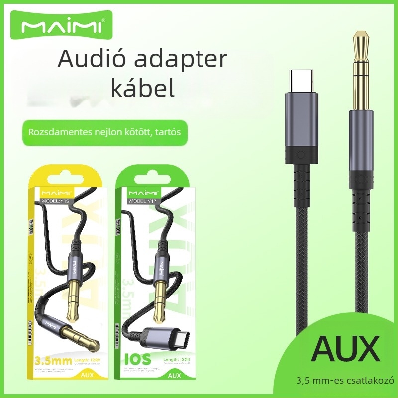 Autóhifi 3,5 mm-es bemenetű Type audio adapterkábellel, horgolt fém burkolat, aranyozott réz mag, Mcdull Maimi aux