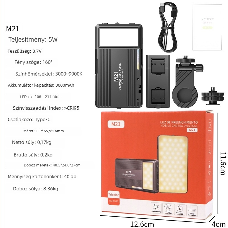 Pocket Light M21 — Hordozható fotózási kitöltő fény, 6W, 3.7V, 2500-9000K, fényerő állítható, lítium akkumulátor