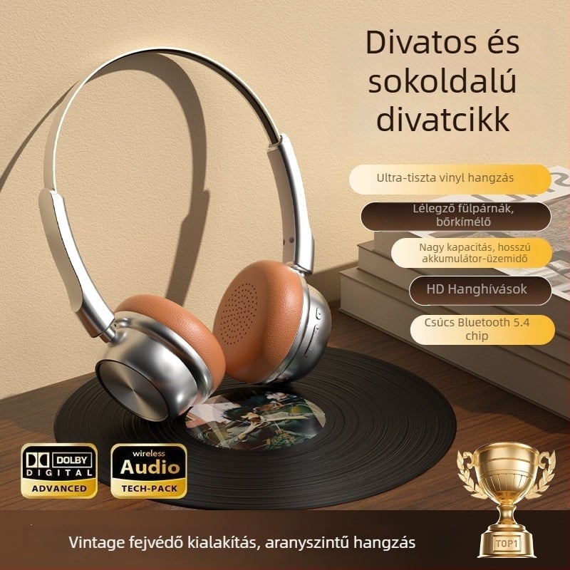 Retro-stílusú over-ear Bluetooth fejhallgató, alumínium ötvözet test, Bluetooth 5.0, 10 m hatótáv, 8 órán felüli akkumulátoridő, IPX4