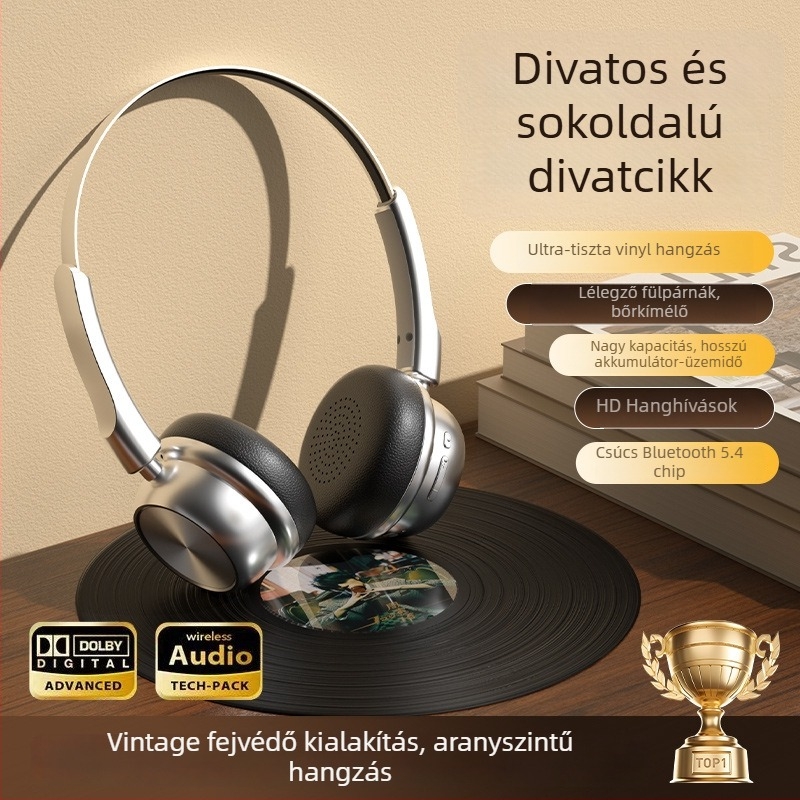 Retro-stílusú over-ear Bluetooth fejhallgató, alumínium ötvözet test, Bluetooth 5.0, 10 m hatótáv, 8 órán felüli akkumulátoridő, IPX4