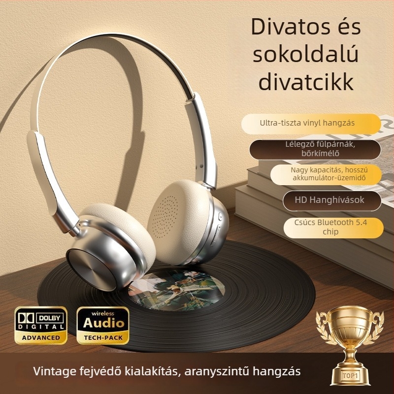 Retro-stílusú over-ear Bluetooth fejhallgató, alumínium ötvözet test, Bluetooth 5.0, 10 m hatótáv, 8 órán felüli akkumulátoridő, IPX4
