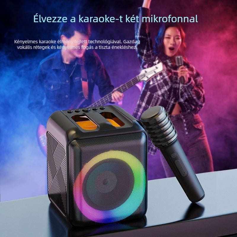 Bluetooth karaokehangfal integrált mikrofonnal — hordozható, Bluetooth 5.0, TF/USB lejátszás, 60 Hz–15 kHz, ≤10W, 10 m hatótáv, beépített akkumulátor