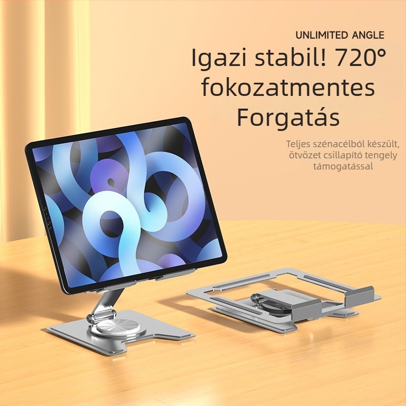 Fém asztali tabletatartó, összecsukható, 360°-os forgás, üreges hőelvezető dizájn, csúszásmentes párna
