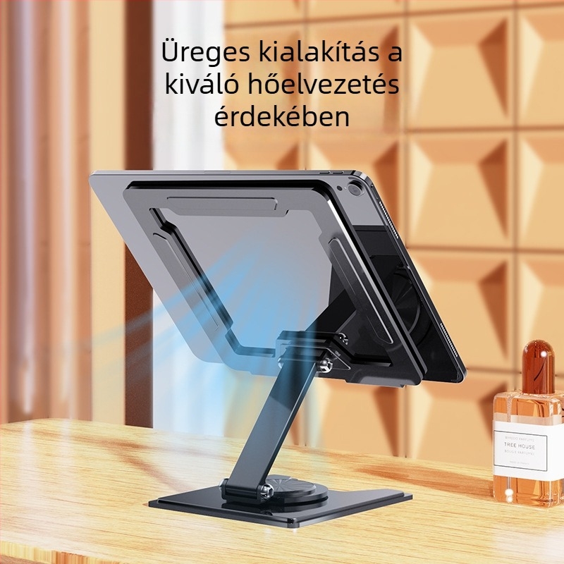 Fém asztali tabletatartó, összecsukható, 360°-os forgás, üreges hőelvezető dizájn, csúszásmentes párna