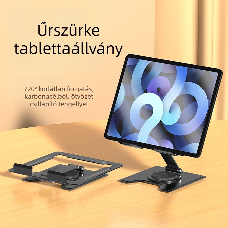 Fém asztali tabletatartó, összecsukható, 360°-os forgás, üreges hőelvezető dizájn, csúszásmentes párna