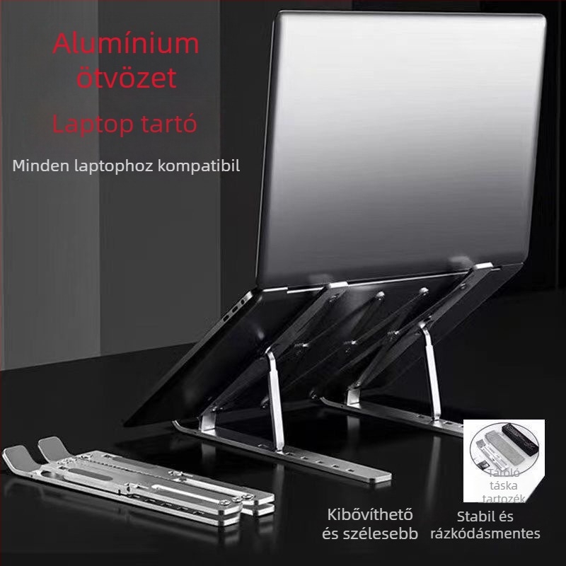 Laptoptartó alumínium ötvözetből, szélesített háromkaros, összecsukható hűtő- és emelő alap laptopok és táblagépekhez