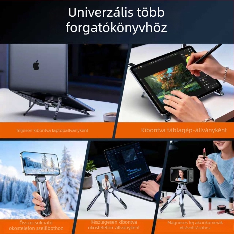 Ötvözetből készült mágneses alumínium állvány laptophoz, kamerához és telefonhoz — élő közvetítéshez és selfie-hez, hordozható, többfunkciós tartó